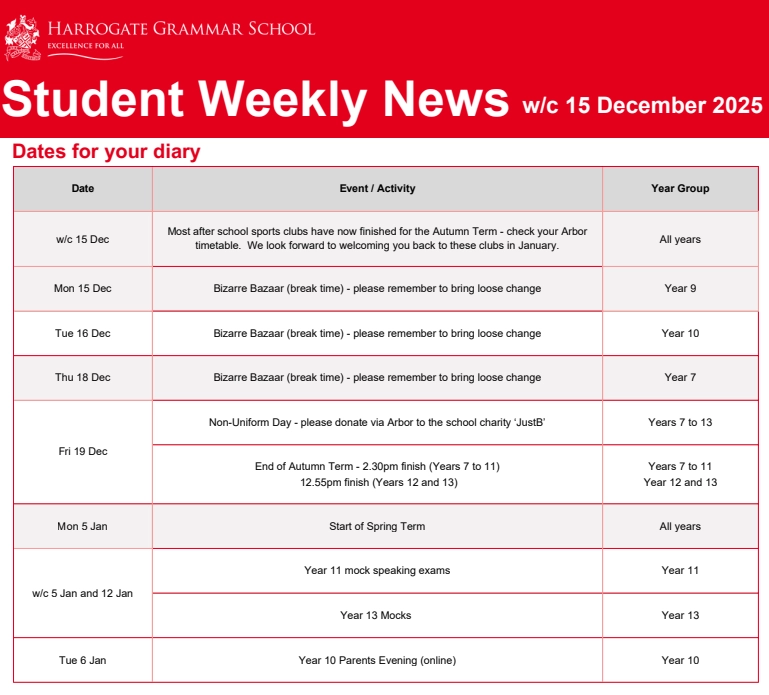 Student newsletter screenshot