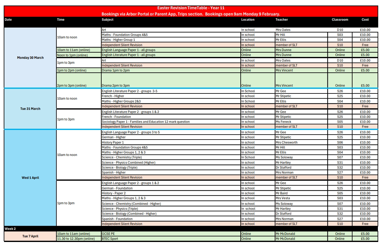 Year 11 Easter Revision Timetable